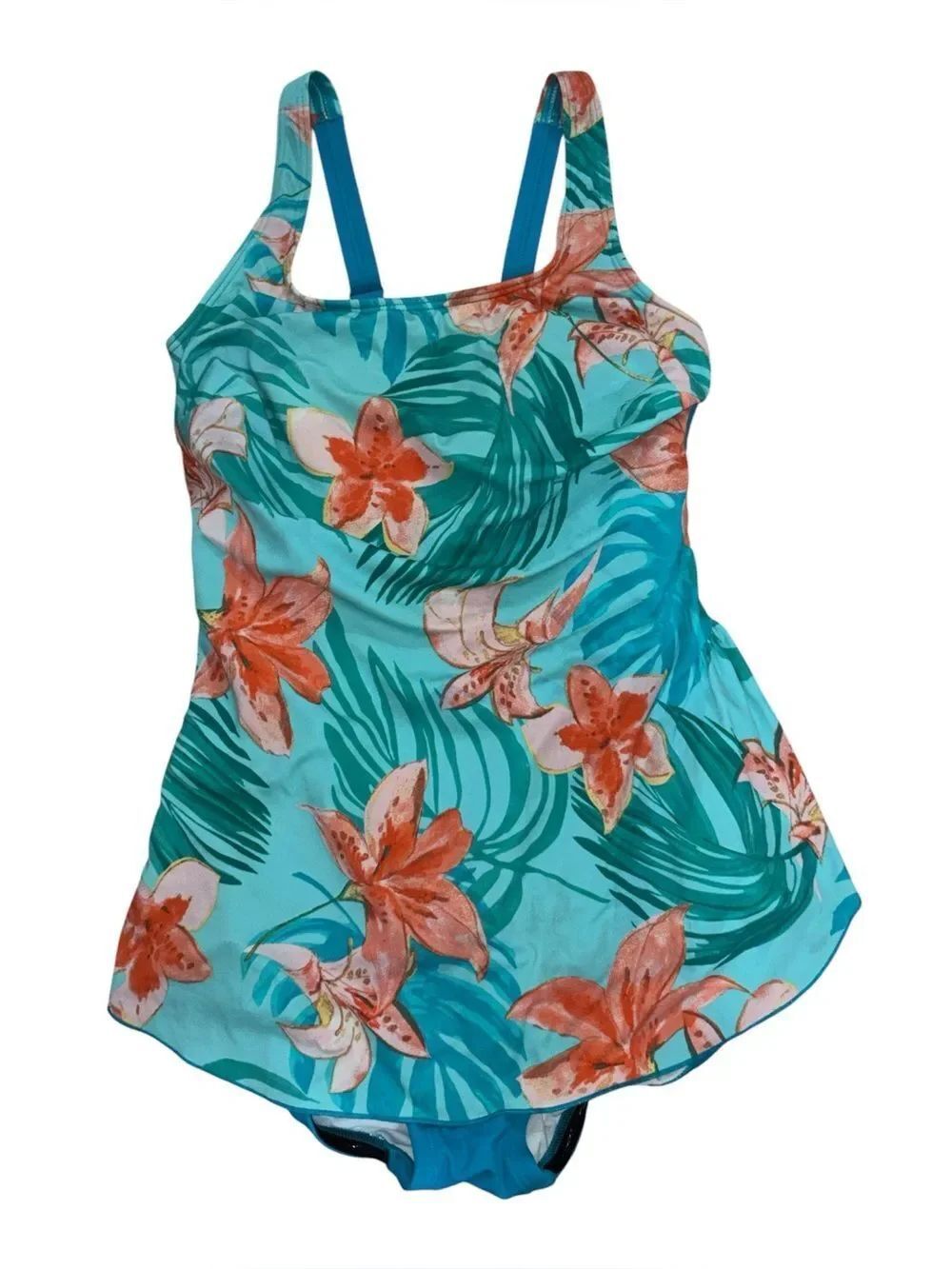 Gabar Turquoise tropical Swimsuit , skirted front, Orange Lily Print, 12